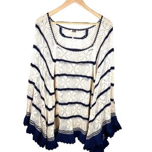 Free People Oversized Striped Floral Crochet Poncho Sweater Top Size XS